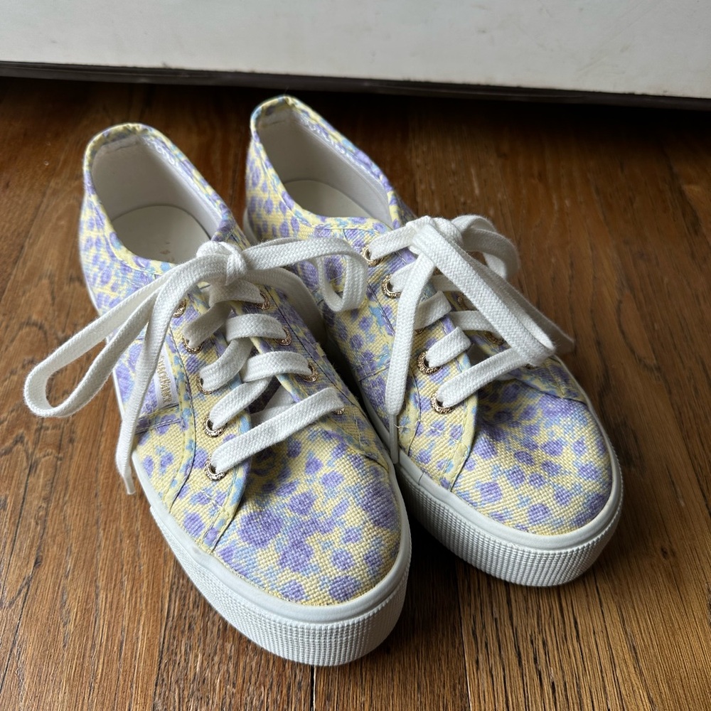 Superga Floral Lavender and Yellow Platform Sneakers